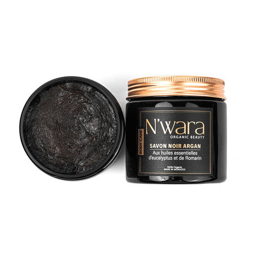 Savon noir argan aux huiles essentielles d’eucalyptus et romarin 200gr
